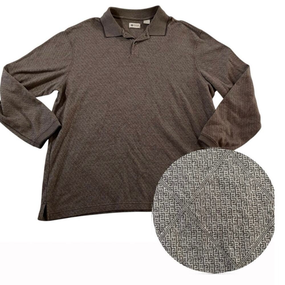 Y2K 2000s Brown Printed Long Sleeve Polo Wmns XL Eclectic Grandpa Preppy Grunge